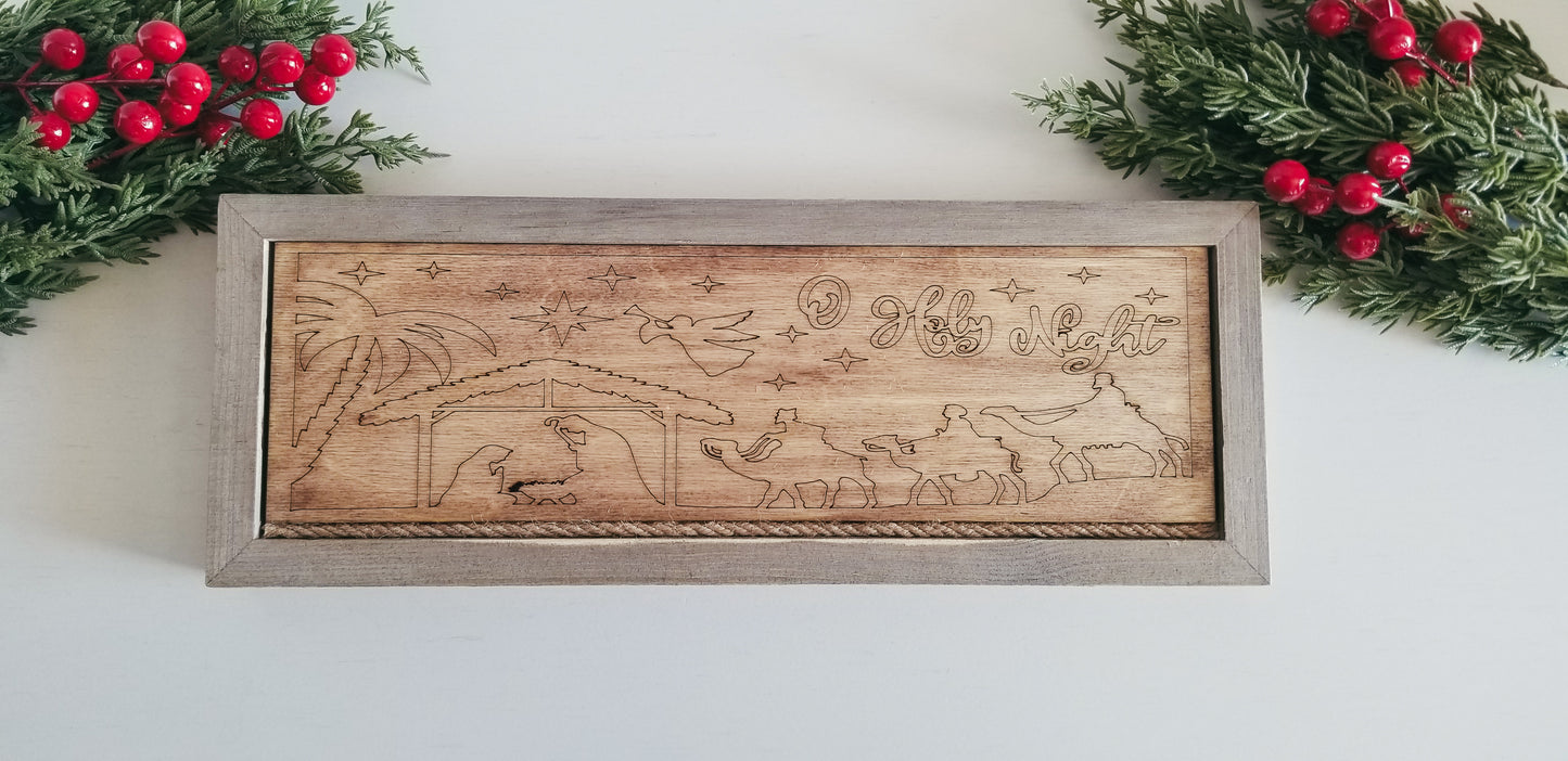 Rustic Farmhouse Style Sign. Wooden Nativity Scene Sign. 2 Layered Wooden Engraved Nativity Scene Sign.