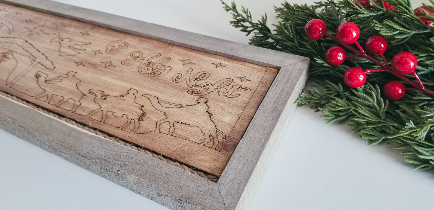 Rustic Farmhouse Style Sign. Wooden Nativity Scene Sign. 2 Layered Wooden Engraved Nativity Scene Sign.