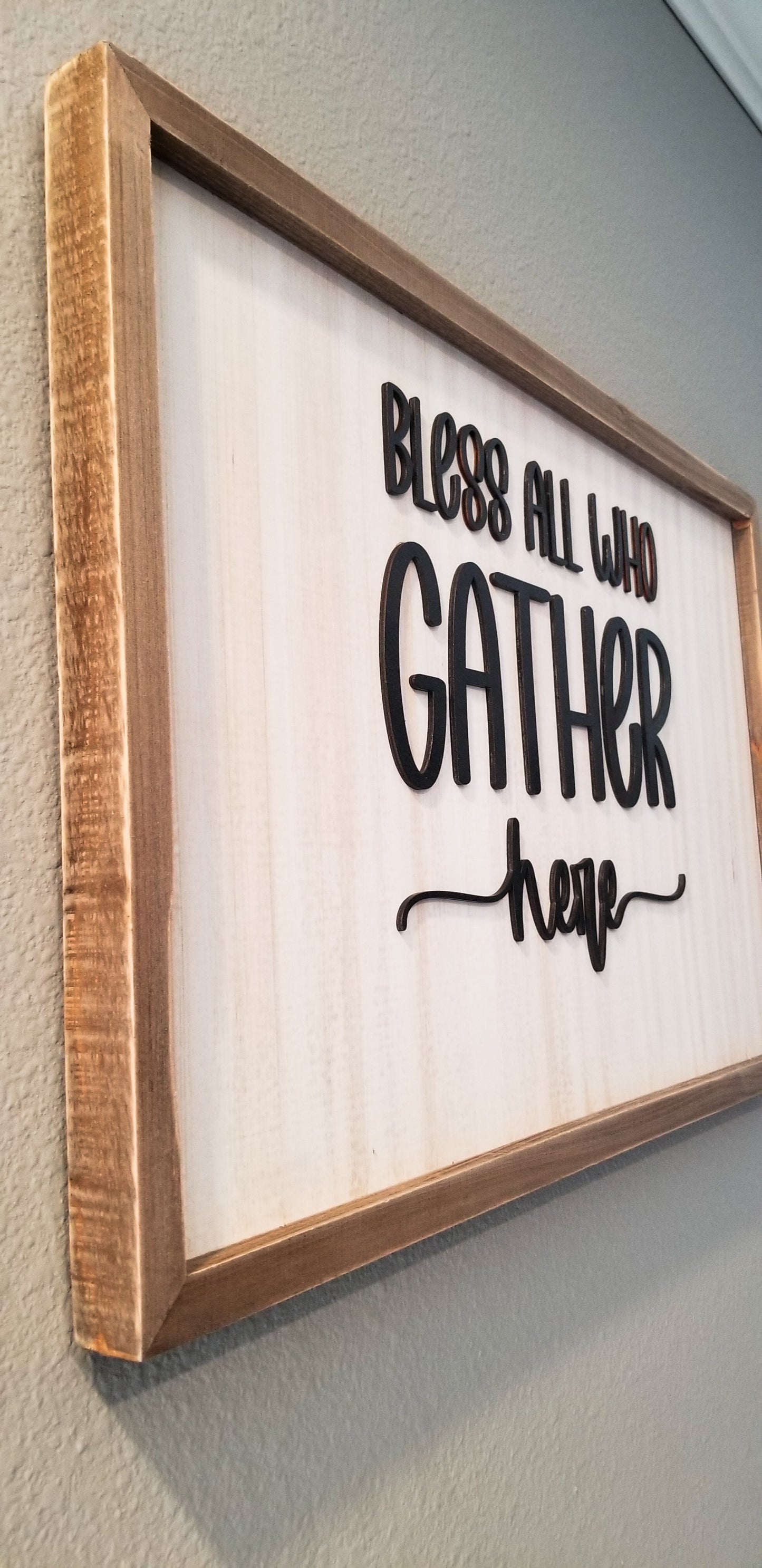 Large Rustic Farmhouse "BLESS ALL WHO GATHER HERE" Sign. (24 x 16 x 1.2 Inches) Custom cut and engraved wooden sign. Whitewashed Custom Sign.