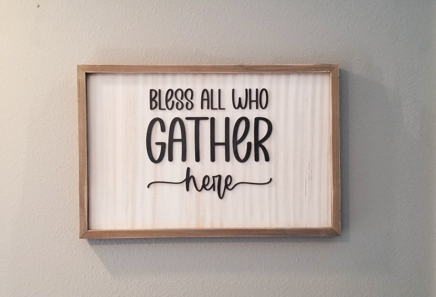 Large Rustic Farmhouse "BLESS ALL WHO GATHER HERE" Sign. (24 x 16 x 1.2 Inches) Custom cut and engraved wooden sign. Whitewashed Custom Sign.