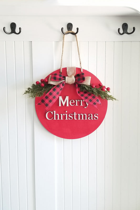 Merry Christmas 12 Inch Round Sign with Bow, Greenery and Red Berries.  Indoor Christmas Sign.