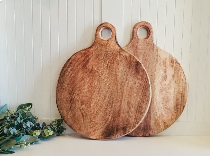 Handcrafted  Mango Wood Round Chopping Board with Handle.