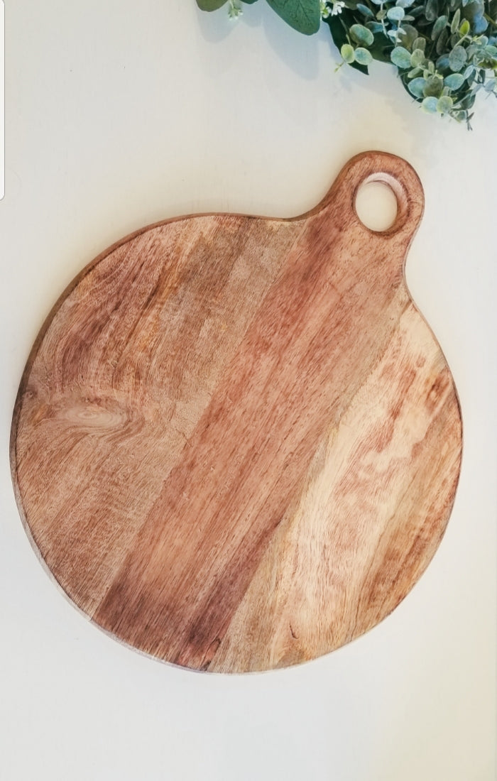 Handcrafted  Mango Wood Round Chopping Board with Handle.