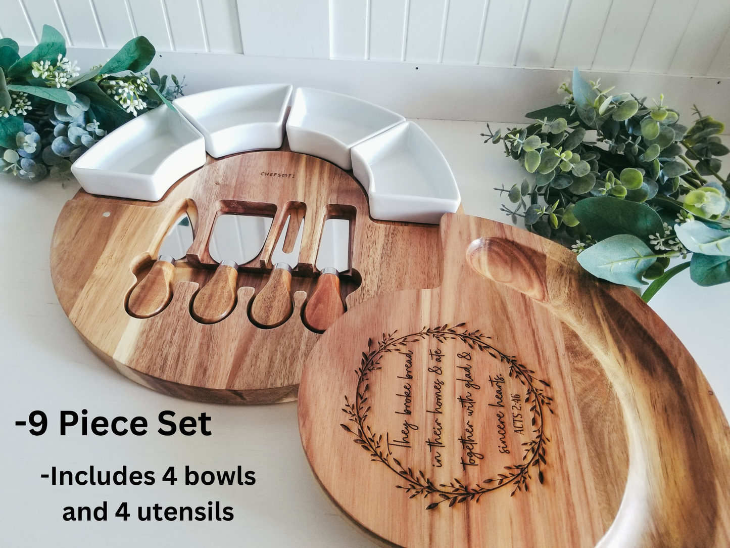 9 Piece Acts 2:46 Acacia Wood Charcuterie Set. Can Be Customized To Your Needs.