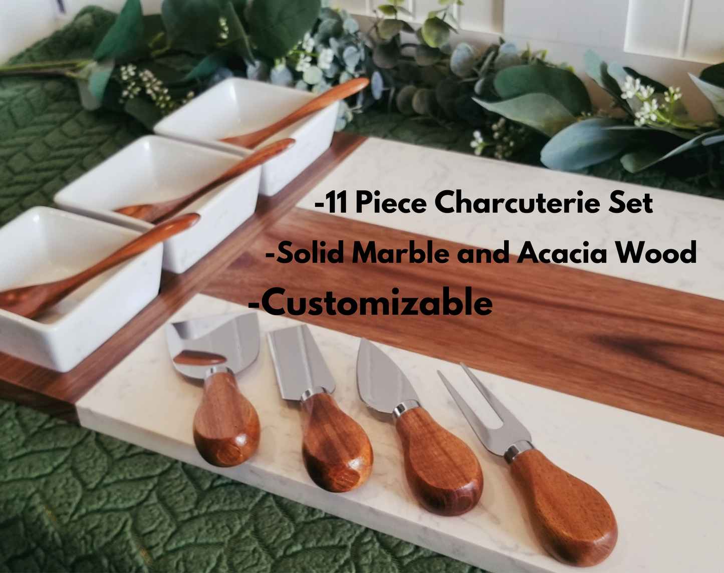 11 piece Wood and Marble Charcuterie Board with wooden spoons,  utensils,  bowls.  Personalized Charcuterie Board.