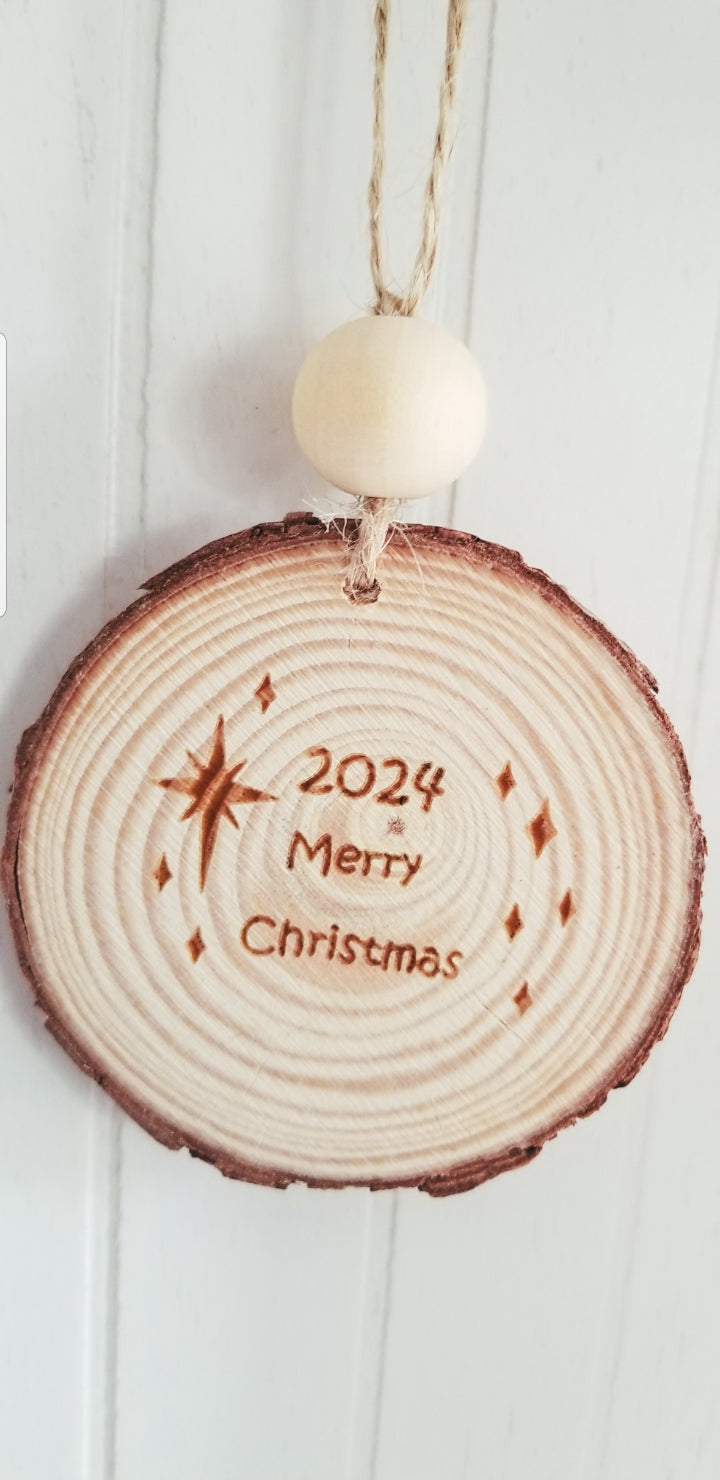 Natural Wood Ornament.  Christmas Ornament.  Engraved Christmas Ornament.  Natural Wood Slice Ornament.  Merry Christmas 2024 Ornament.