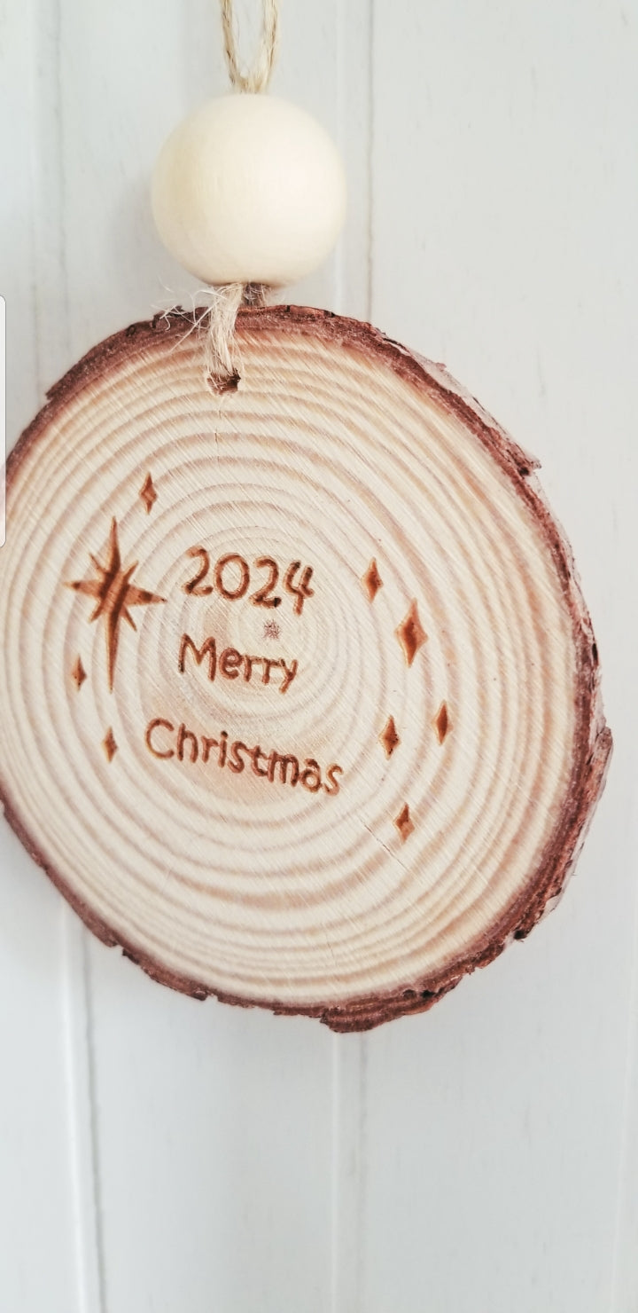 Natural Wood Ornament.  Christmas Ornament.  Engraved Christmas Ornament.  Natural Wood Slice Ornament.  Merry Christmas 2024 Ornament.