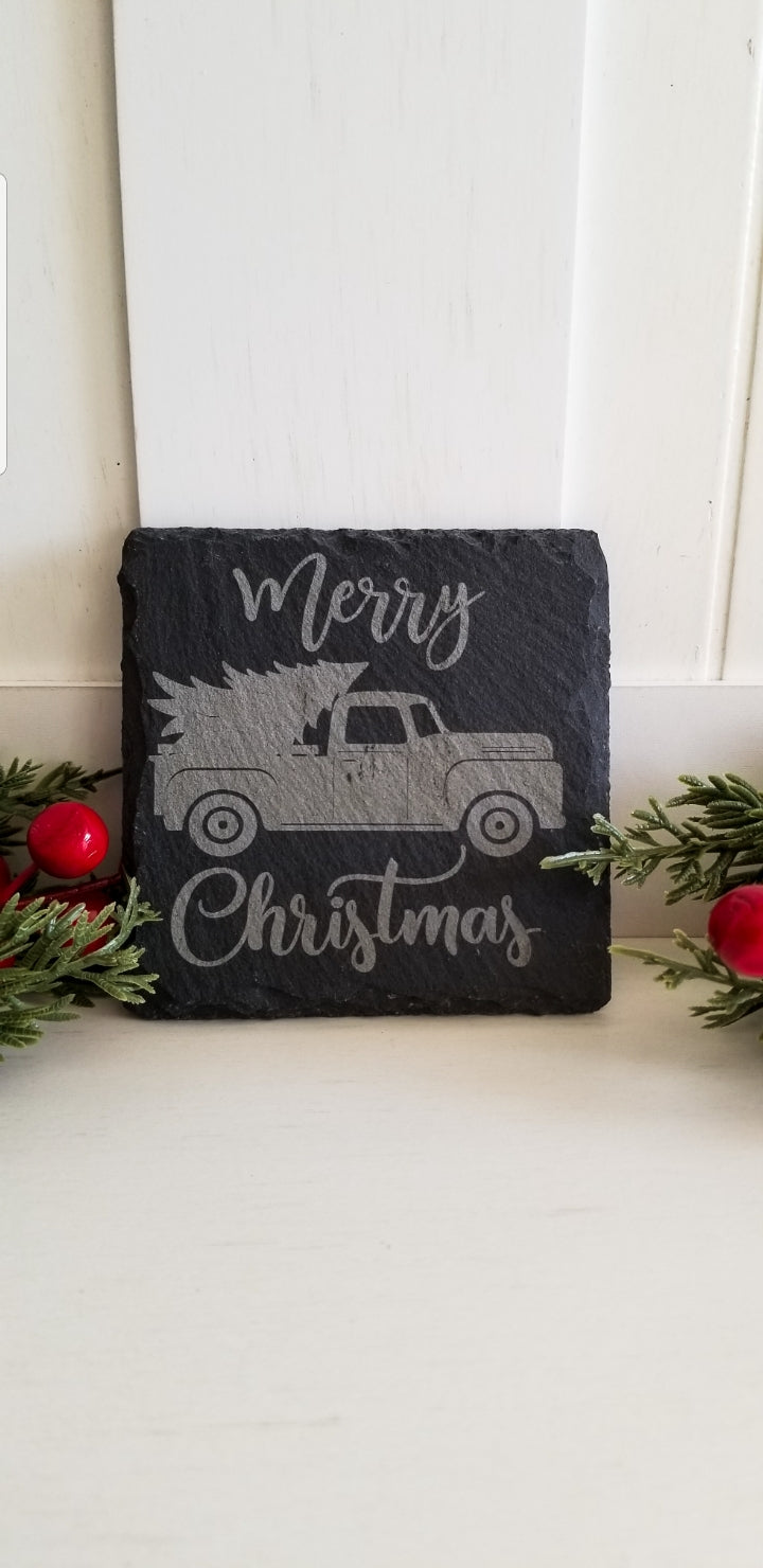 Merry Christmas Classic Truck Slate Coasters . Set of 4, Laser Engraved, Holiday Drink Coasters, Rustic Christmas Décor.