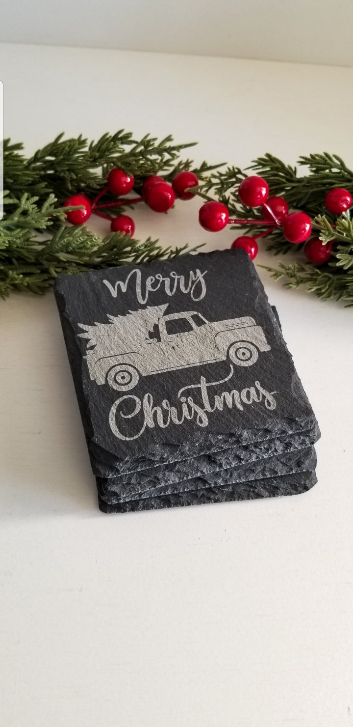 Merry Christmas Classic Truck Slate Coasters . Set of 4, Laser Engraved, Holiday Drink Coasters, Rustic Christmas Décor.