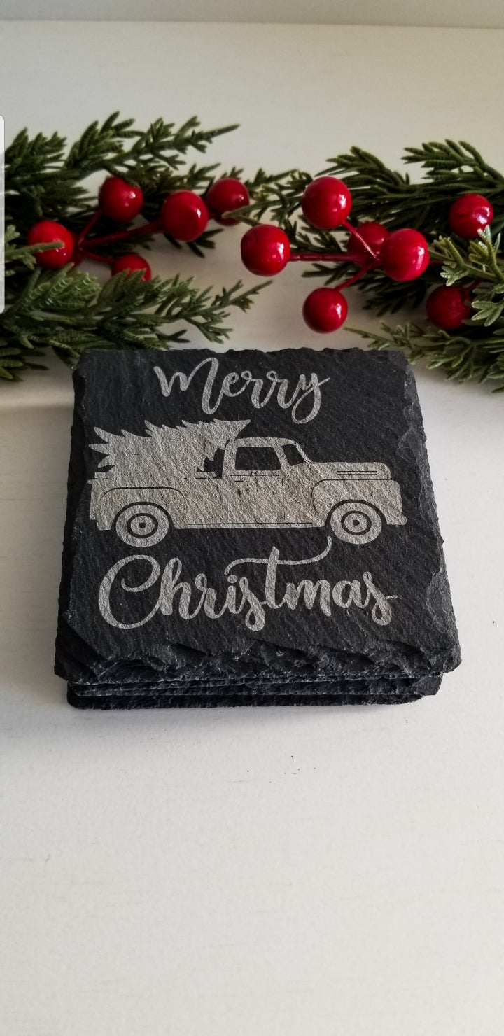 Merry Christmas Classic Truck Slate Coasters . Set of 4, Laser Engraved, Holiday Drink Coasters, Rustic Christmas Décor.