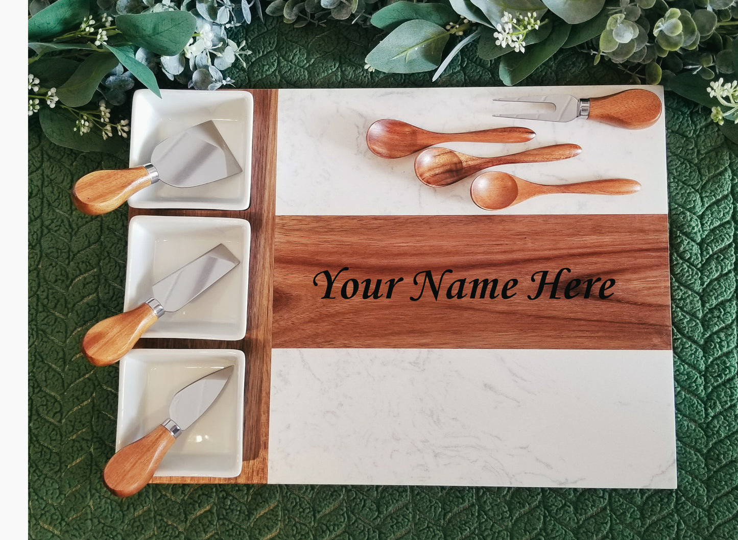 11 piece Wood and Marble Charcuterie Board with wooden spoons,  utensils,  bowls.  Personalized Charcuterie Board.