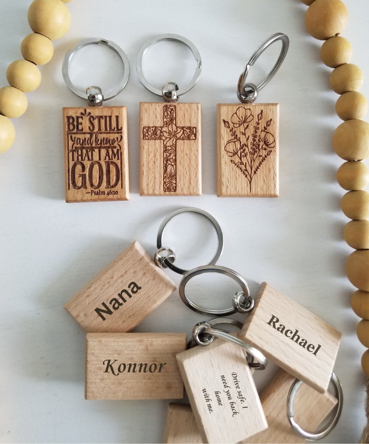 Engraved Wooden Keychain.  Personalized Keychain.  Stainless steel keychain ring. Keychain.