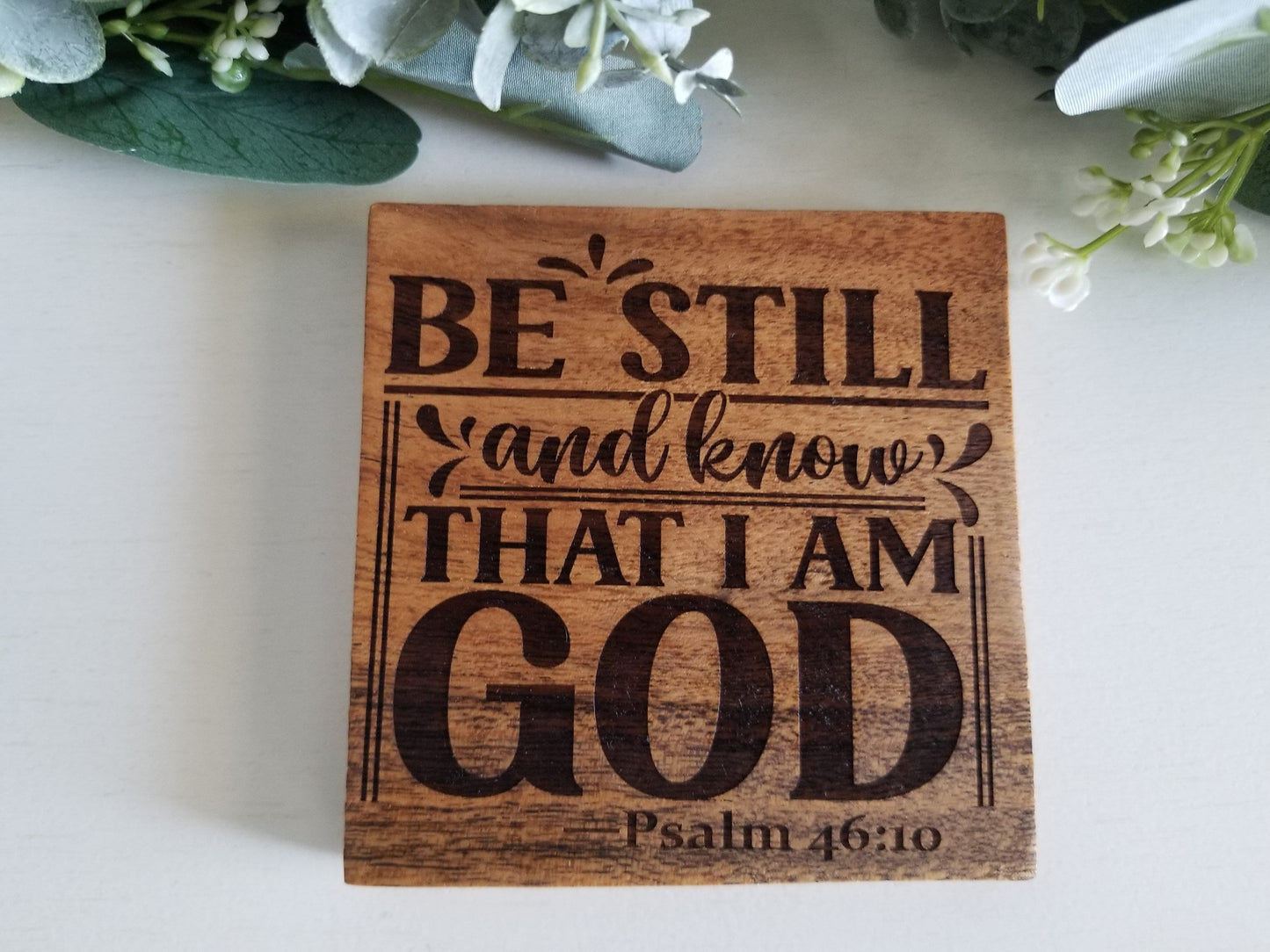 Set of 4 Square Acacia Wood Bible Verse Coasters. Housewarming gift. Mom gift. Parent gift.