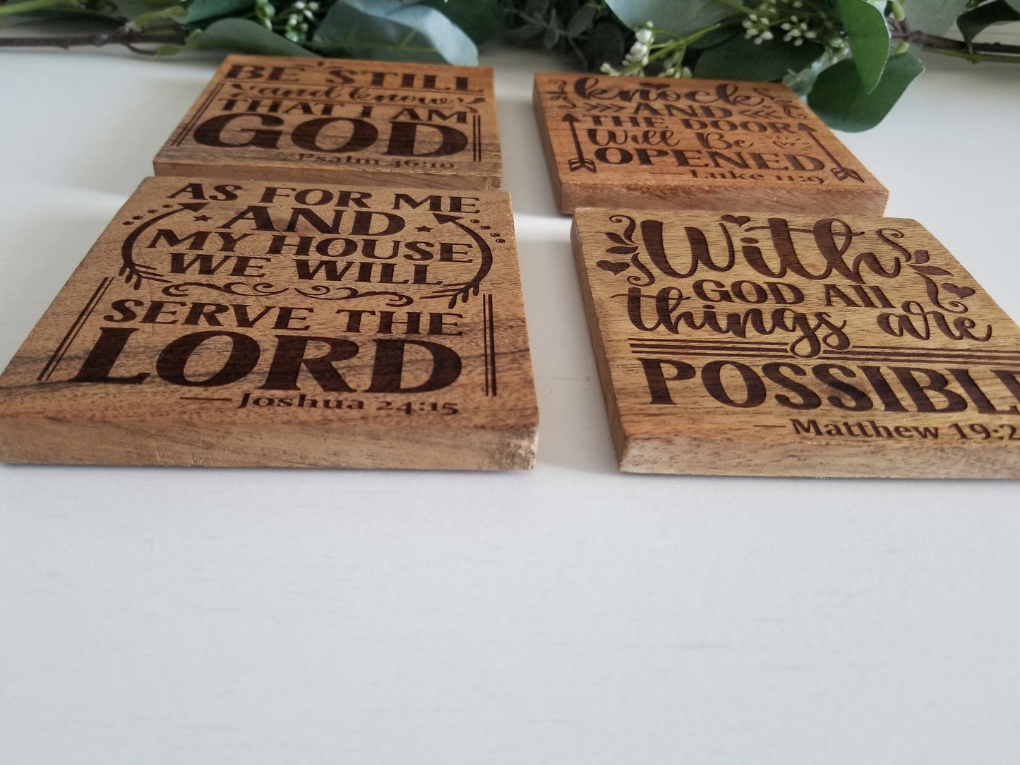 Set of 4 Square Acacia Wood Bible Verse Coasters. Housewarming gift. Mom gift. Parent gift.