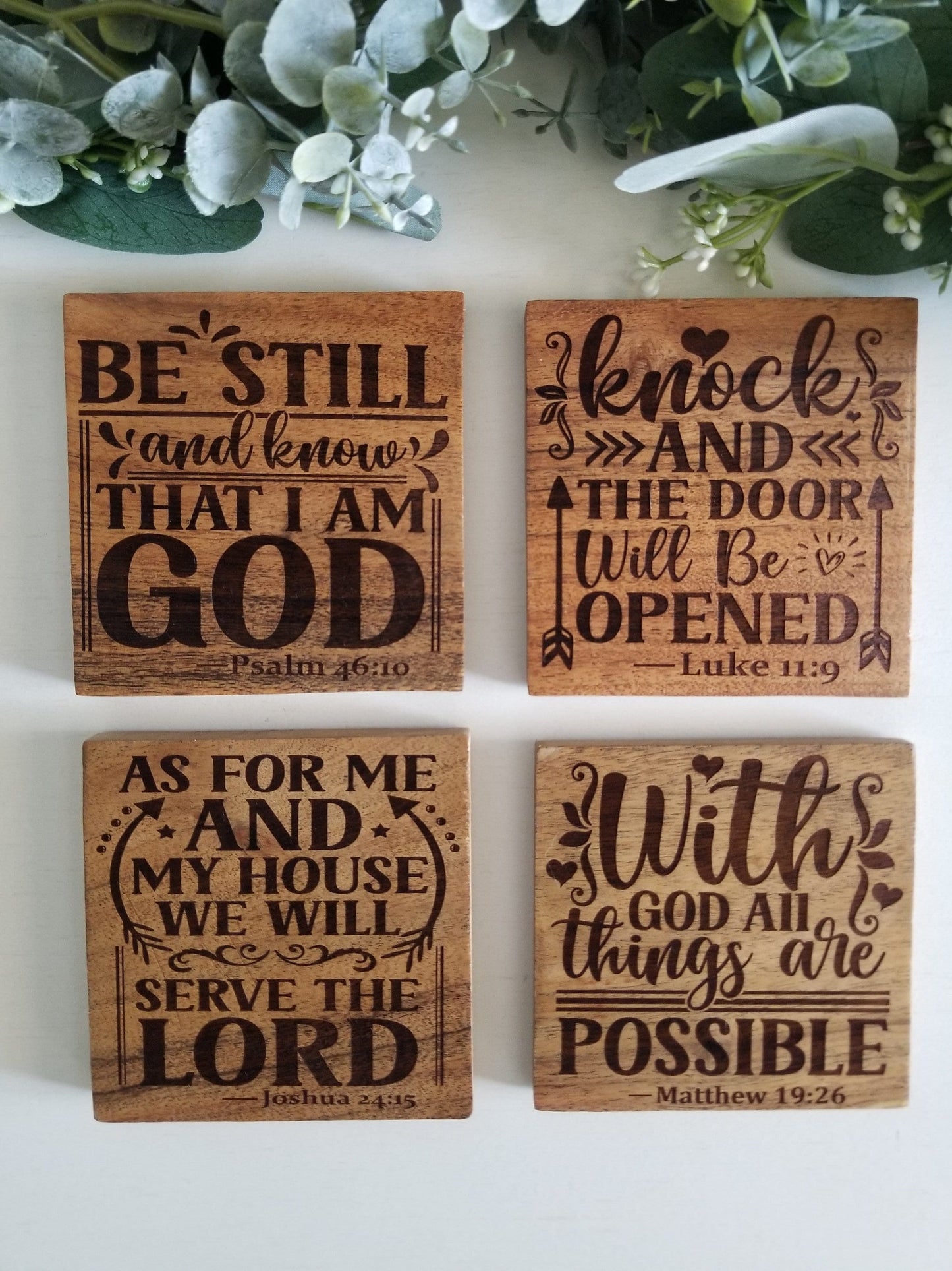 Set of 4 Square Acacia Wood Bible Verse Coasters. Housewarming gift. Mom gift. Parent gift.